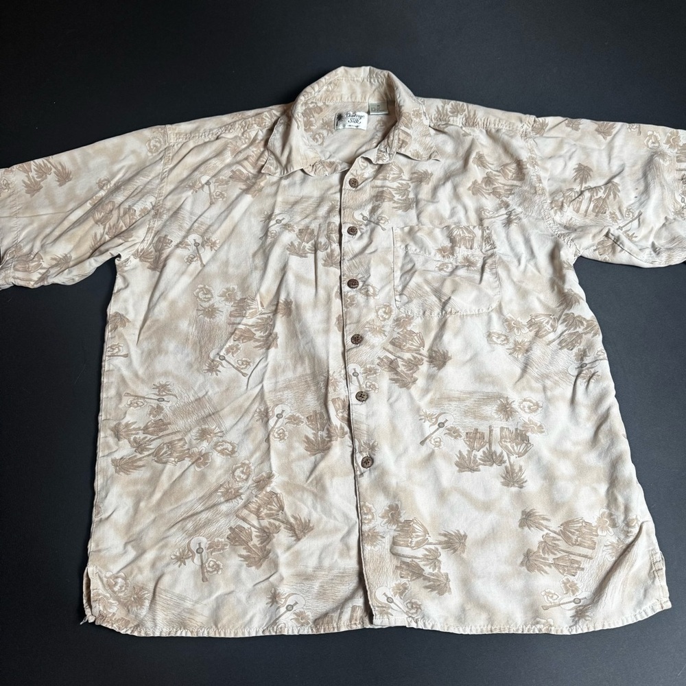 Vintage 100% Silk Hawaiian Shirt Beige Tropical Print Medium